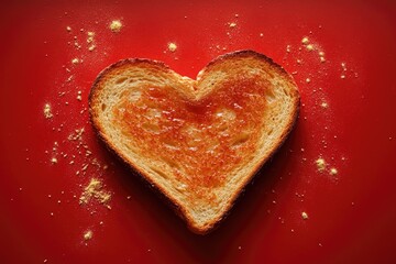 Heart-shaped toast on red background. Perfect for Valentine's Day, love, or breakfast themed projects.