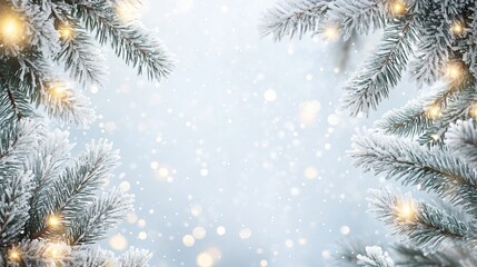 Festive white christmas background with frosty spruce branches and twinkling holiday lights
