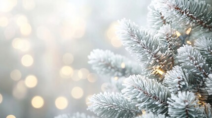 Festive white christmas background with frosty spruce branches and twinkling holiday lights