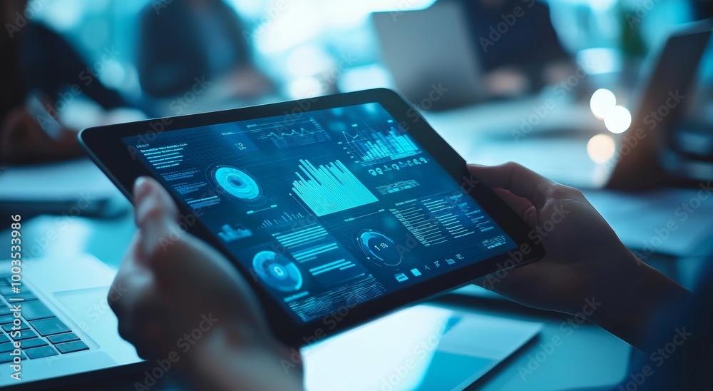 Poster person holding a tablet with blue data graphs and charts.