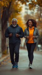 Obraz premium A father and daughter in athletic wear jog down a paved path.