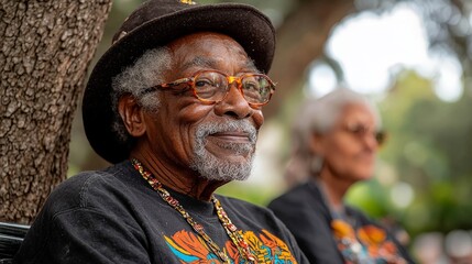 A smiling elderly man in a hat, seated outdoors with a woman in the background.