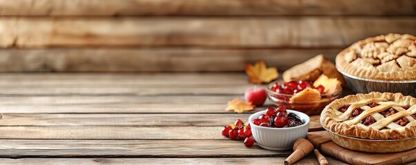 Fototapeta premium Delicious pies with berries on wooden table, autumn themes and rustic ambiance