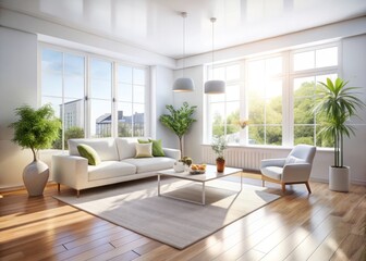 Fototapeta premium A spacious, bright minimalist white room filled with sunlight, featuring clean lines, ideal for contemporary living