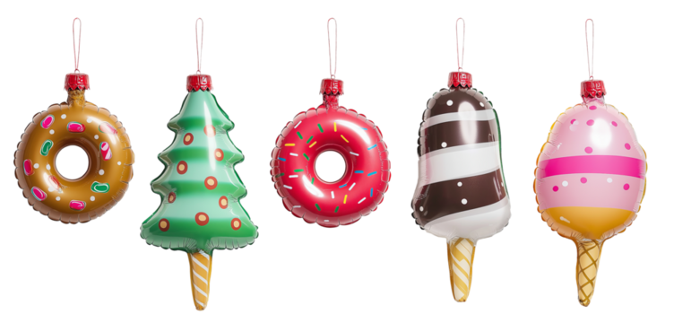 Festive donut and ice cream baubles for christmas tree  cut out on transparent background