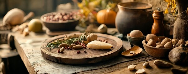 Rustic wooden table with assorted nuts, herbs, and pots.