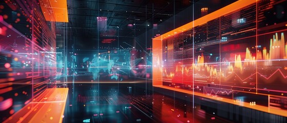 Abstract digital data network with glowing lines and charts.