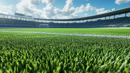3D soccer field with detailed grass texture and a stadium entrance in the background, offering clean free copy space for design use.