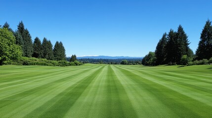 Fototapeta premium A beautiful stretch of fairway on a golf course, with pristine green grass and rows of trees in the distance, under a clear, blue sky.
