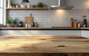 Empty wooden countertop with a blurred background of a kitchen.