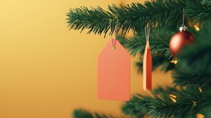 Christmas tree with ornaments and blank gift tags, warm background