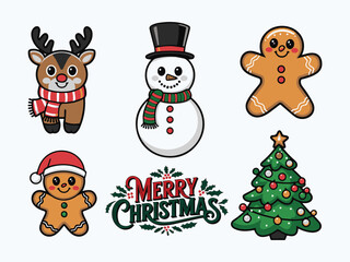 Christmas stickers including a jolly reindeer in a cozy scarf snowman with a top hat a gingerbread man with a smile and a Christmas tree