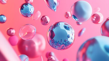 3d render realistic primitives composition. Flying shapes in motion isolated on pink background. Abstract theme for trendy designs. Spheres, torus, tubes, cones in metallic blue and pink colors. 