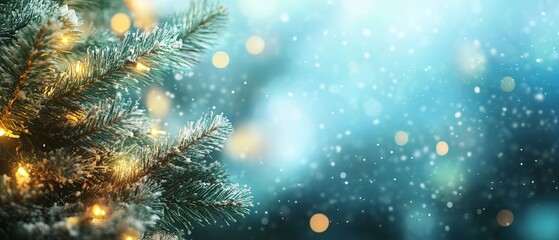 Festive christmas holidays banner with decorated tree and sparkling bokeh lights background
