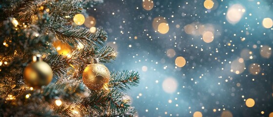 Festive christmas holidays banner with decorated tree and sparkling bokeh lights background