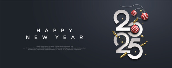 The elegant New Year 2025 card design features black and white with red balloons, confetti and streamers. Ideal for holiday greetings, invitations and Christmas celebrations. © palon