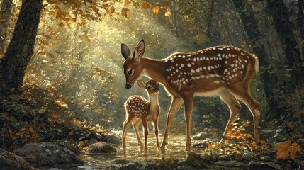 Deer family in a serene forest setting with sunlight filtering.