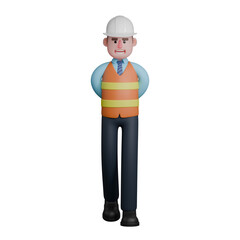 Illustration of 3D Male Architect. An architect walks with both hands behind his body. Professional Cartoon