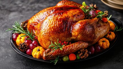 Delicious roasted turkey with seasonal garnishes on a platter.