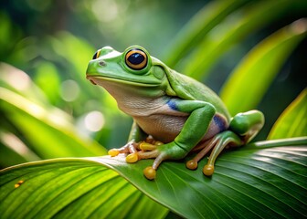 Obraz premium A vibrant green tree frog rests on a leaf, nestled among lush foliage, creating a tranquil scene in