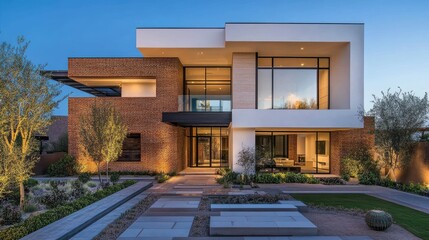 Obraz premium A modern brick cladding wall adorned with white stucco accents, providing a mix of rustic and contemporary style.