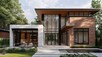 A modern brick cladding wall adorned with white stucco accents, providing a mix of rustic and contemporary style.