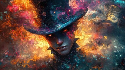 Ethereal figure with fiery aura and enigmatic expression.