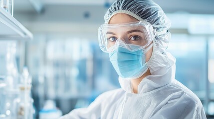 Female scientist in lab coat and protective gear, indoor setting
