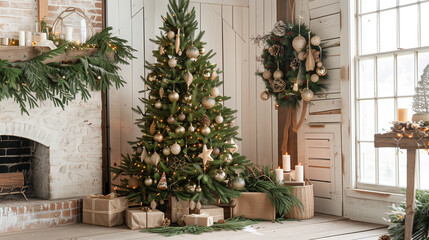 Rustic Christmas living room with decorated tree, wreaths, and candles in a cozy cabin