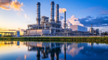 Industrial Complex at Sunset with Reflection