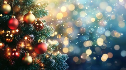 Festive christmas tree decorated with colorful baubles and softly blurred shiny lights creating a warm holiday atmosphere