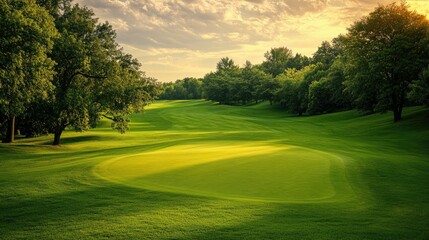 Obraz premium A quiet golf course with a well-kept fairway, vibrant green grass, and tree-lined edges, perfect for a day of peaceful golfing.