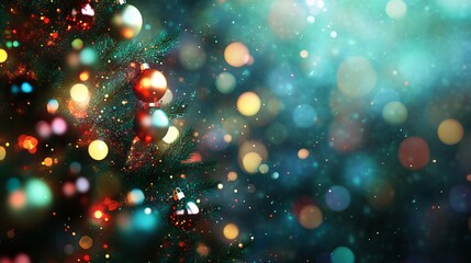 Festive christmas tree decorated with colorful baubles and softly blurred shiny lights creating a warm holiday atmosphere
