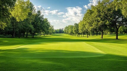 Obraz premium A quiet golf course with a well-kept fairway, vibrant green grass, and tree-lined edges, perfect for a day of peaceful golfing.