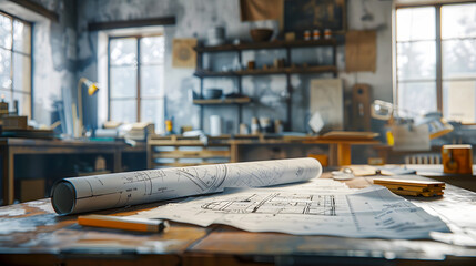 The blueprints of a residence on a worktable during the renovation, construction in progress