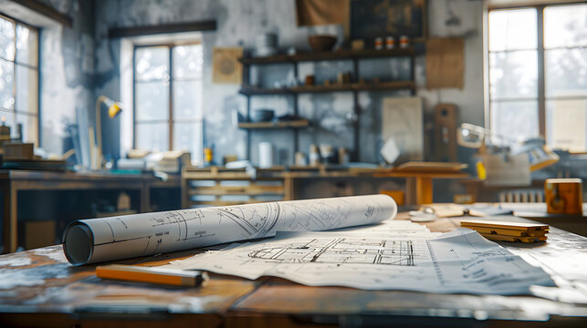 The blueprints of a residence on a worktable during the renovation, construction in progress