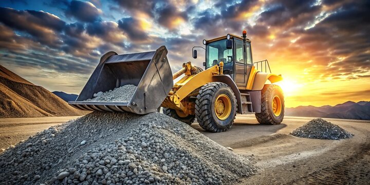 A wheel loader operates on a construction site, efficiently scooping gravel into its bucket, showcasing the power and