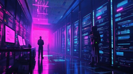 Cyber security experts securing data and monitoring digital threats, with neon-lit servers