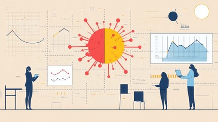 Illustration depicting data analysis related to COVID-19 with graphs and figures.
