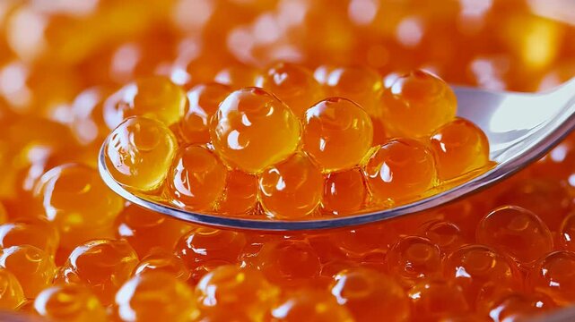 Close up of vibrant orange salmon roe on a spoon with shiny translucent texture, 4k video