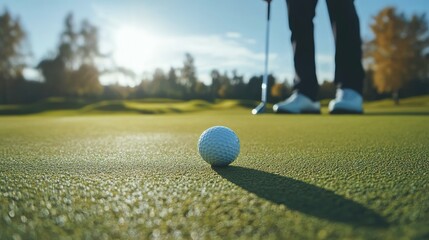 Close-up of a golf ball rolling toward the hole as a golfer completes the putt on a beautifully green golf course.