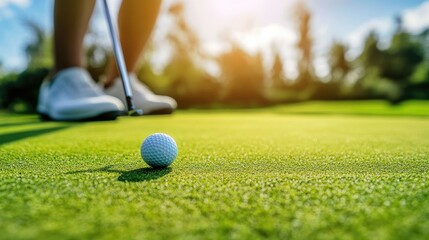 Close-up of a golfer putting the golf ball, aiming carefully at the hole on a smooth green course. Precision and concentration.