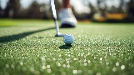 Close-up of a golfer putting the golf ball, aiming carefully at the hole on a smooth green course. Precision and concentration.