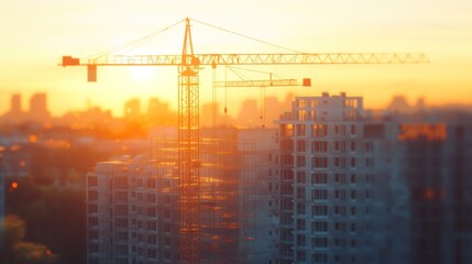 Fototapeta premium Blurred multi-storey residential building construction with a tower crane and scaffolding
