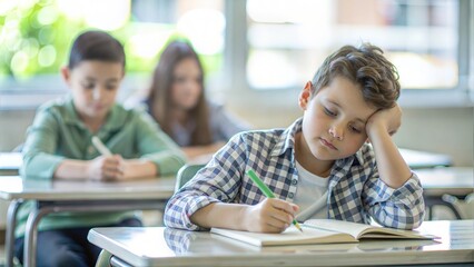 bored boy sitting at desk in classroom at school, writing in notebook and thinking, resting head on hand