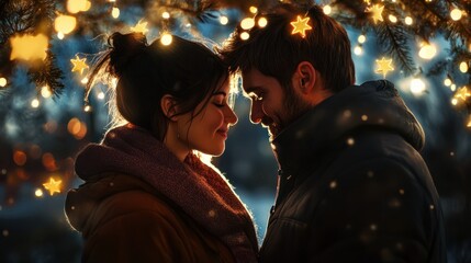 Fototapeta premium A couple gazing into each other's eyes beneath a canopy of twinkling stars, setting a lovely and dreamy scene for Valentine's Day.