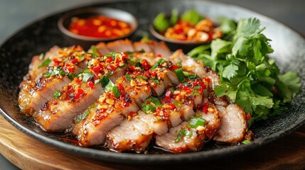 Crispy pork slices topped with fish sauce and fresh red chili, beautifully plated with vibrant greens on the side, highlighting a spicy Thai dish.