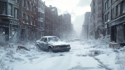 Obraz premium A desolate snowy cityscape with a car in the middle of the street. Nuclear winter concept
