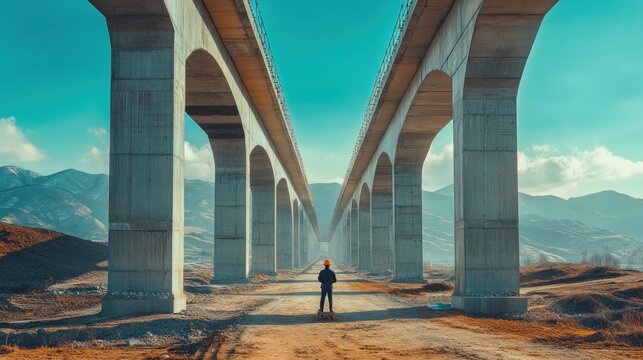 Concrete bridge pillars with engineer standing at base. High-speed railway bridge under construction