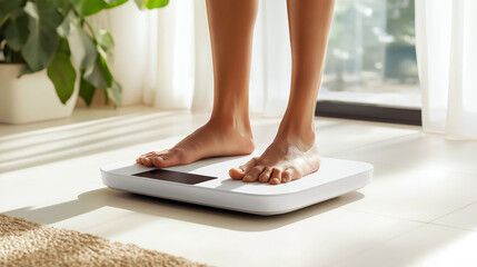 Feet on Digital Scale, Weight Measurement, Healthy Lifestyle, Bright Interior